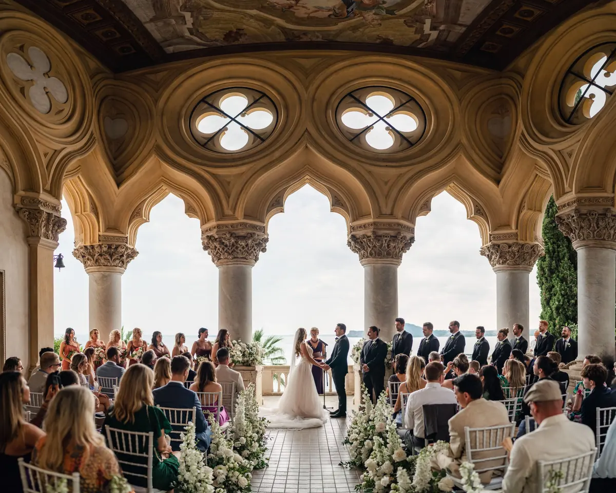 Wedding ceremony under the frescoed gothic loggia of Isola del Garda