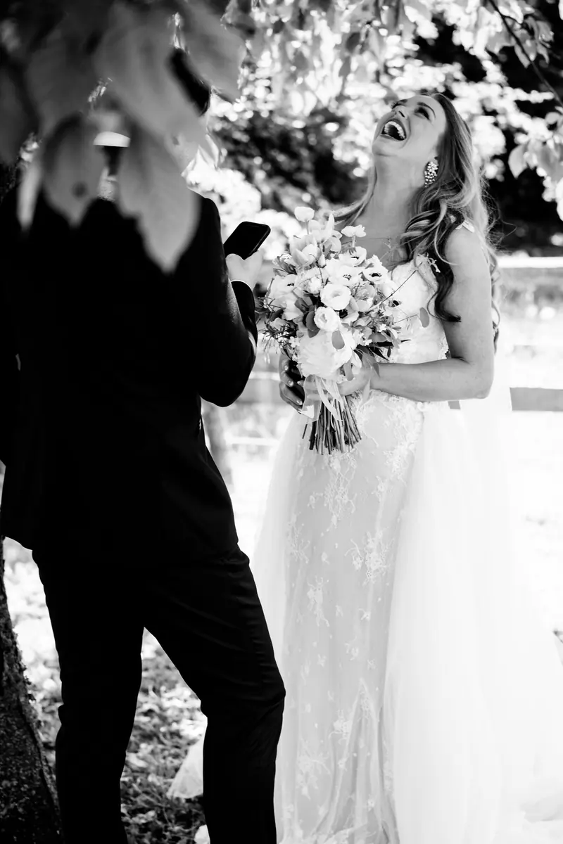 Sara and Drew at the first look, in black and white