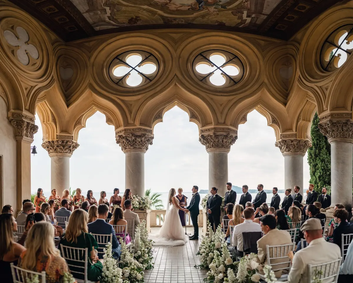 The ceremony framed by the neo-Gothic arches and rose windows