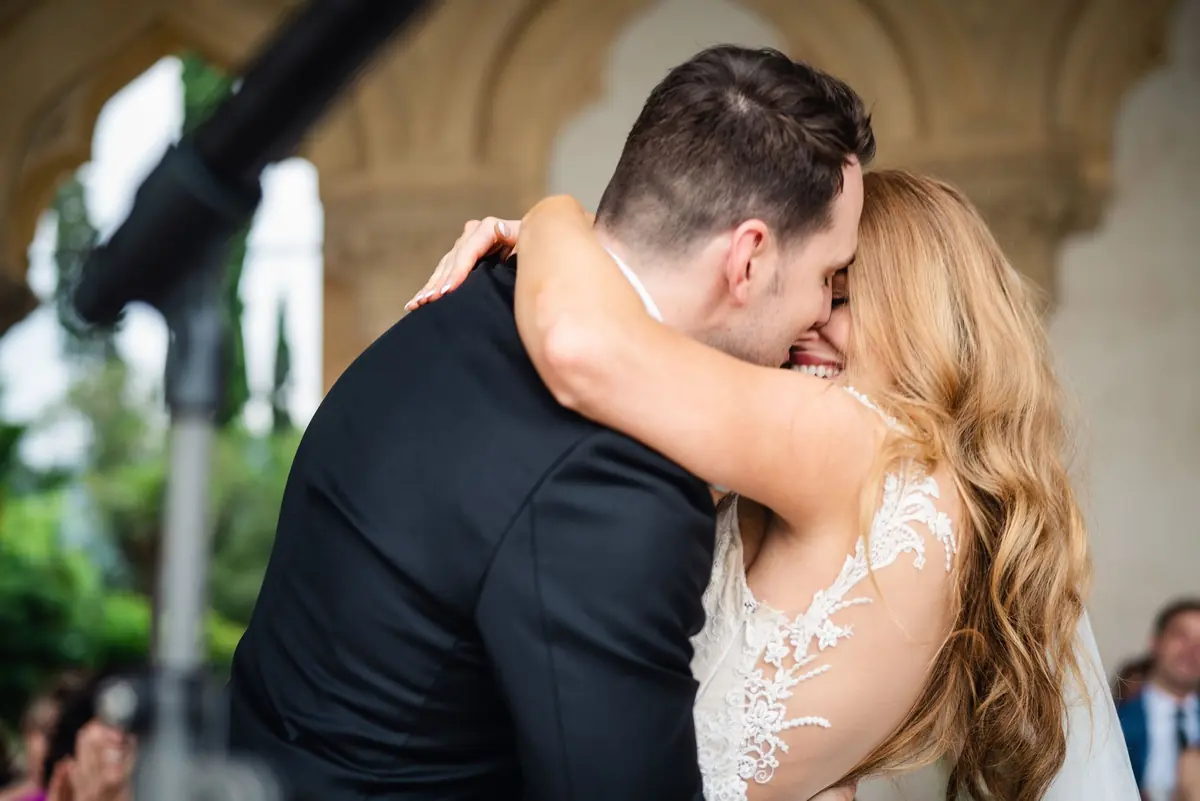 A close-up of the first kiss