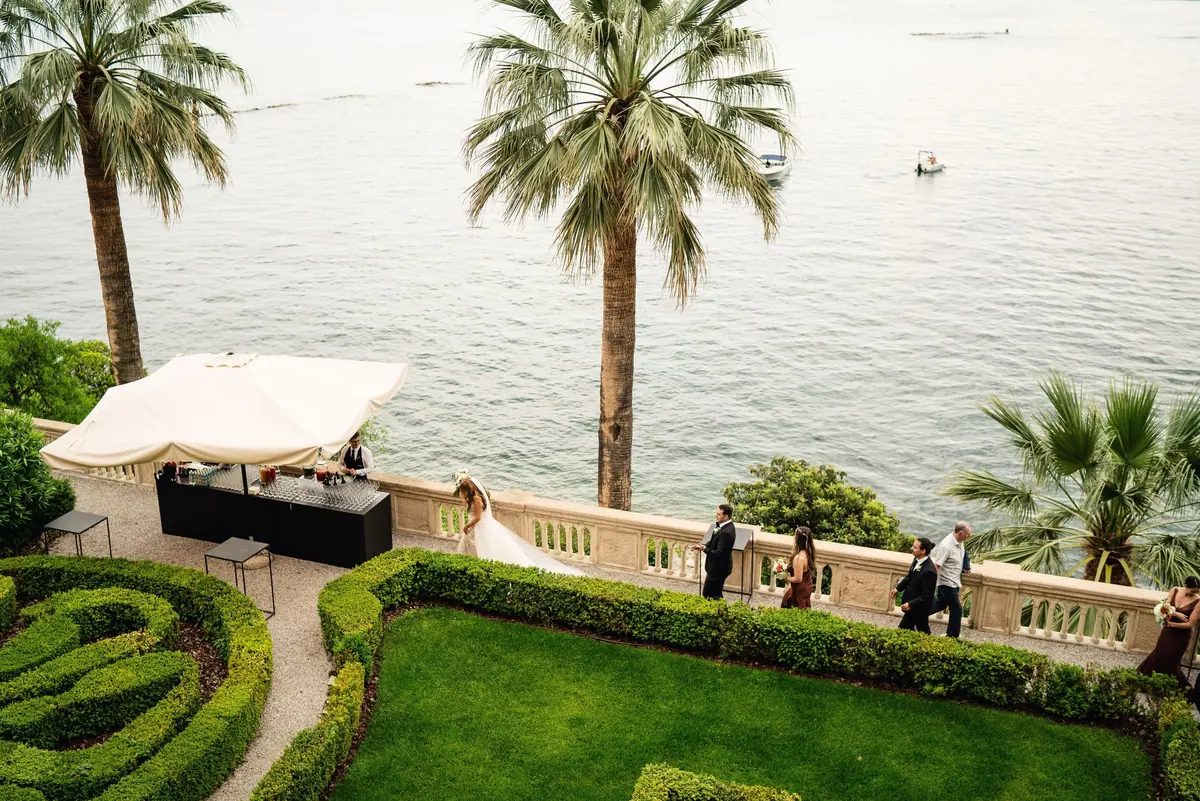 The terrace gardens, palms and lake seen from above