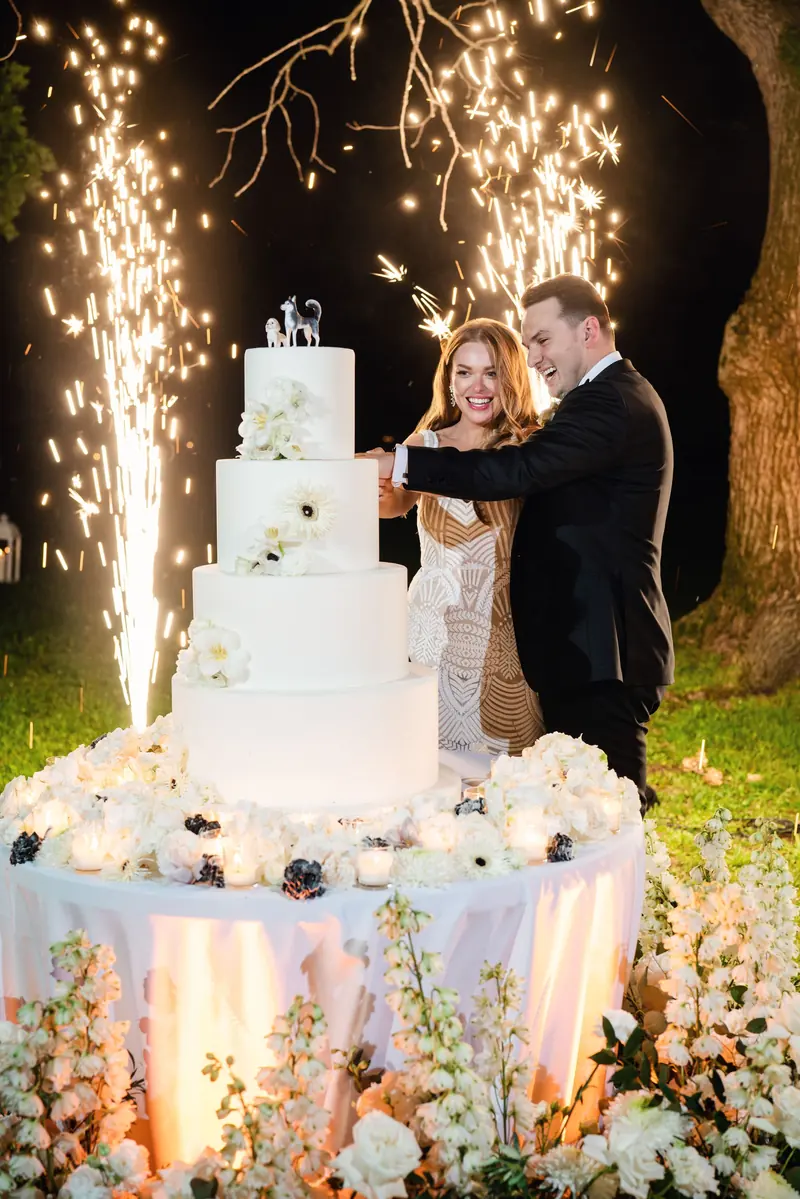 Bride and groom by the wedding cake as sparklers go off
